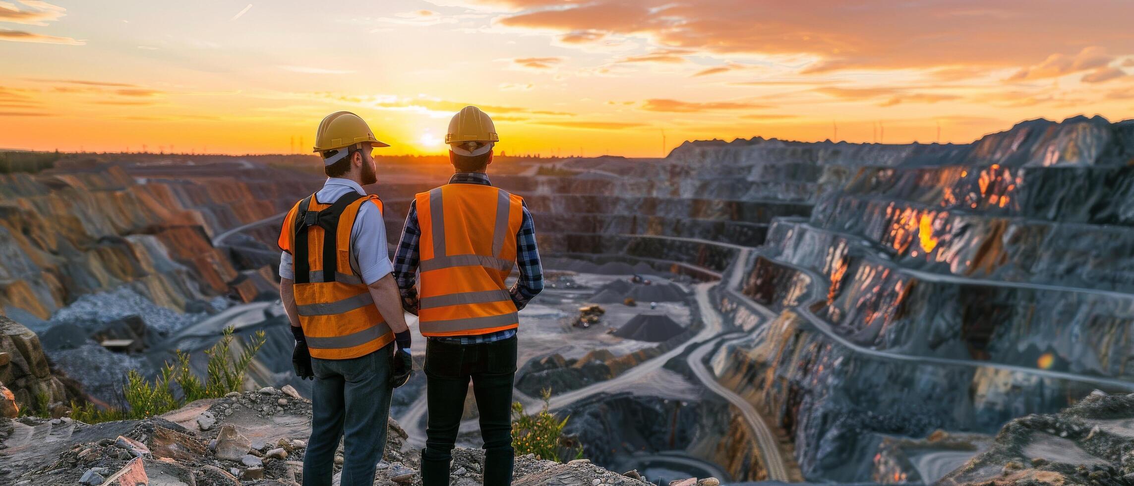 Two mining engineers in hard hats and safety vests looking at open pit mine photo