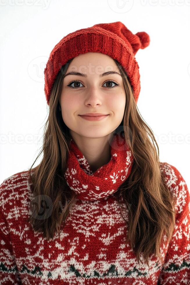 A young woman in a red sweater and hat photo