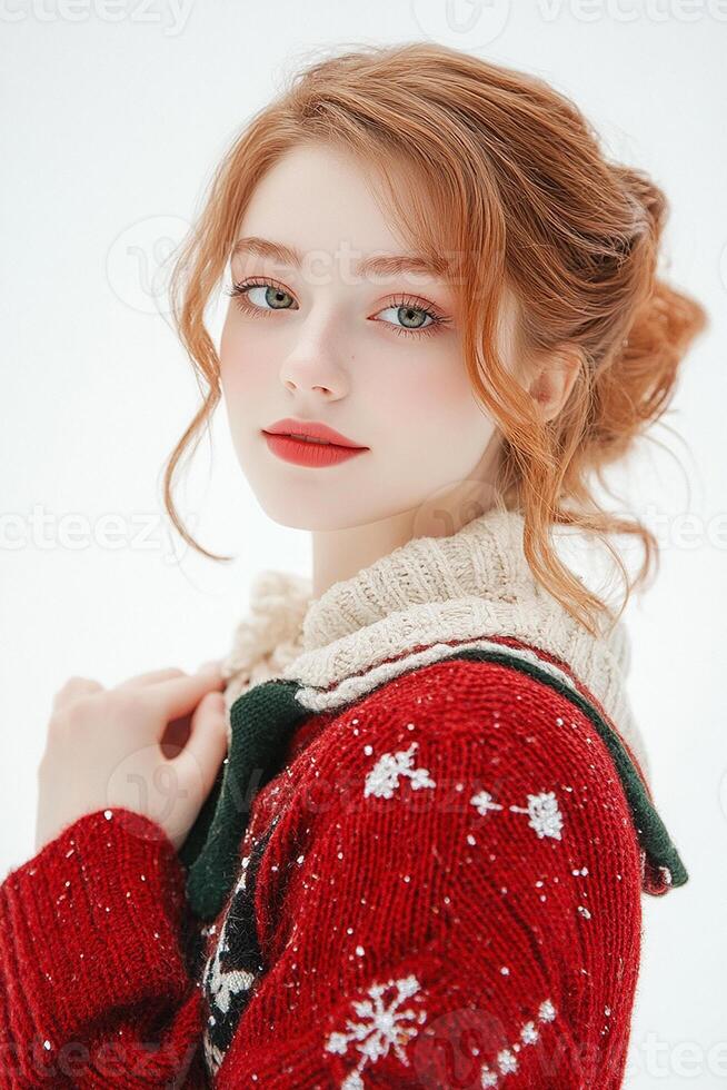 A beautiful redhead woman wearing a red sweater photo