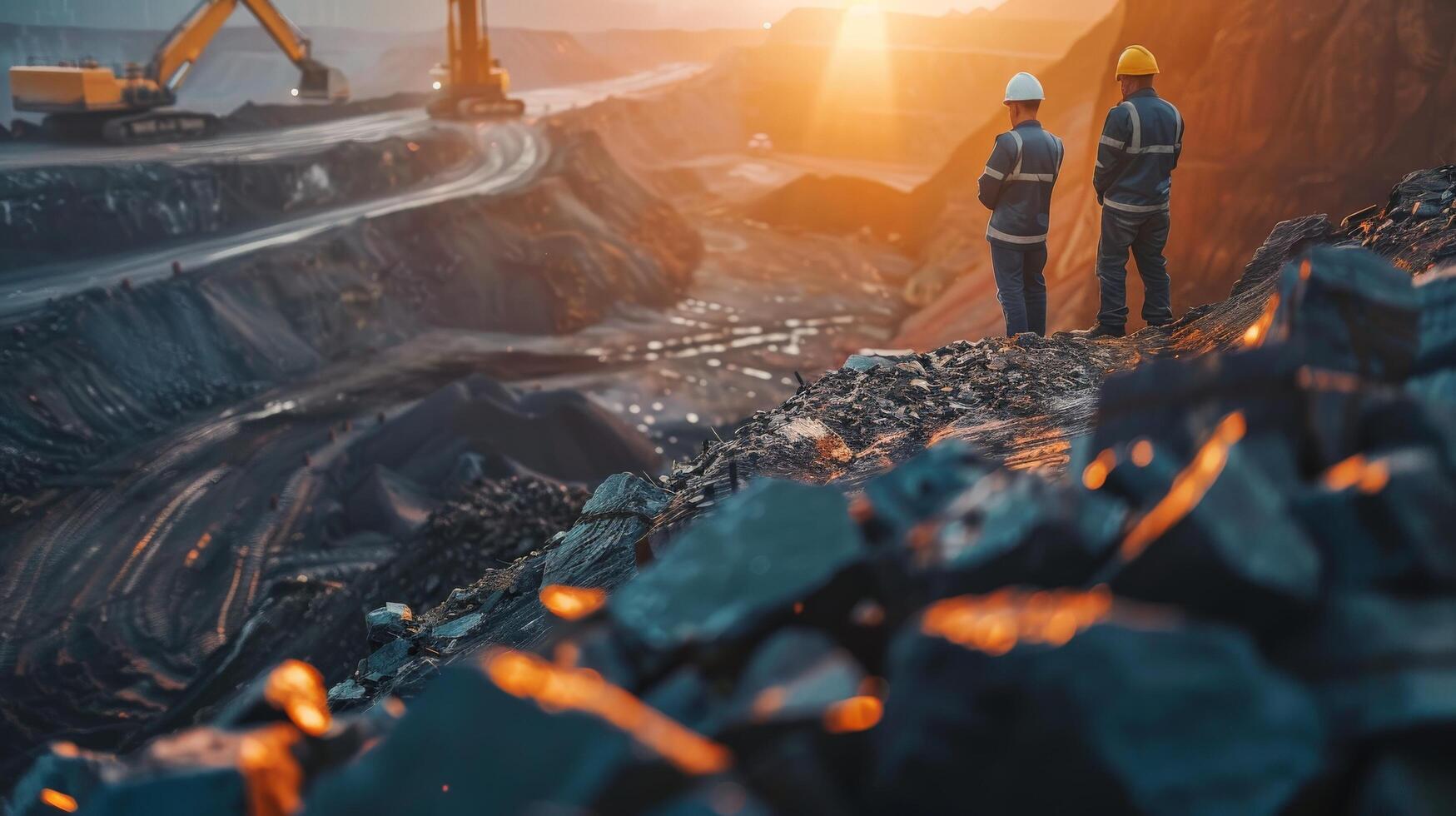 Two mining engineers in hard hats and safety vests are standing on a rocky hilltop at a surface mine photo
