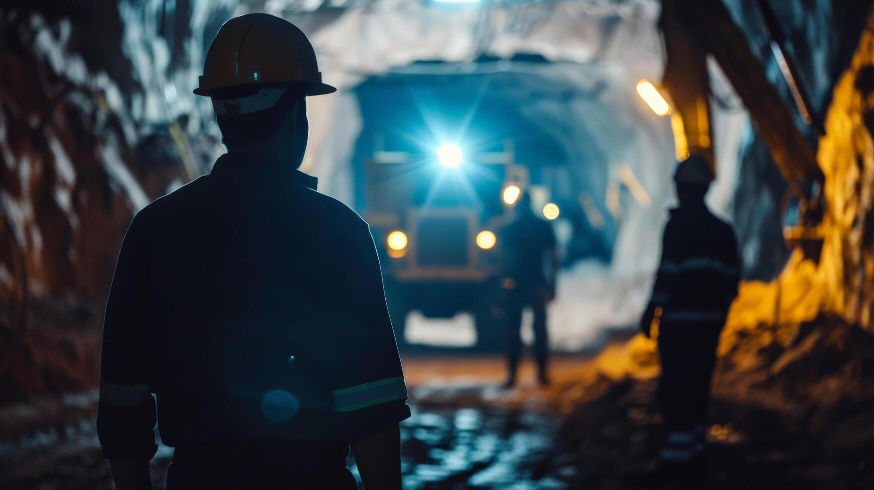 Miners working in a dark mine. photo