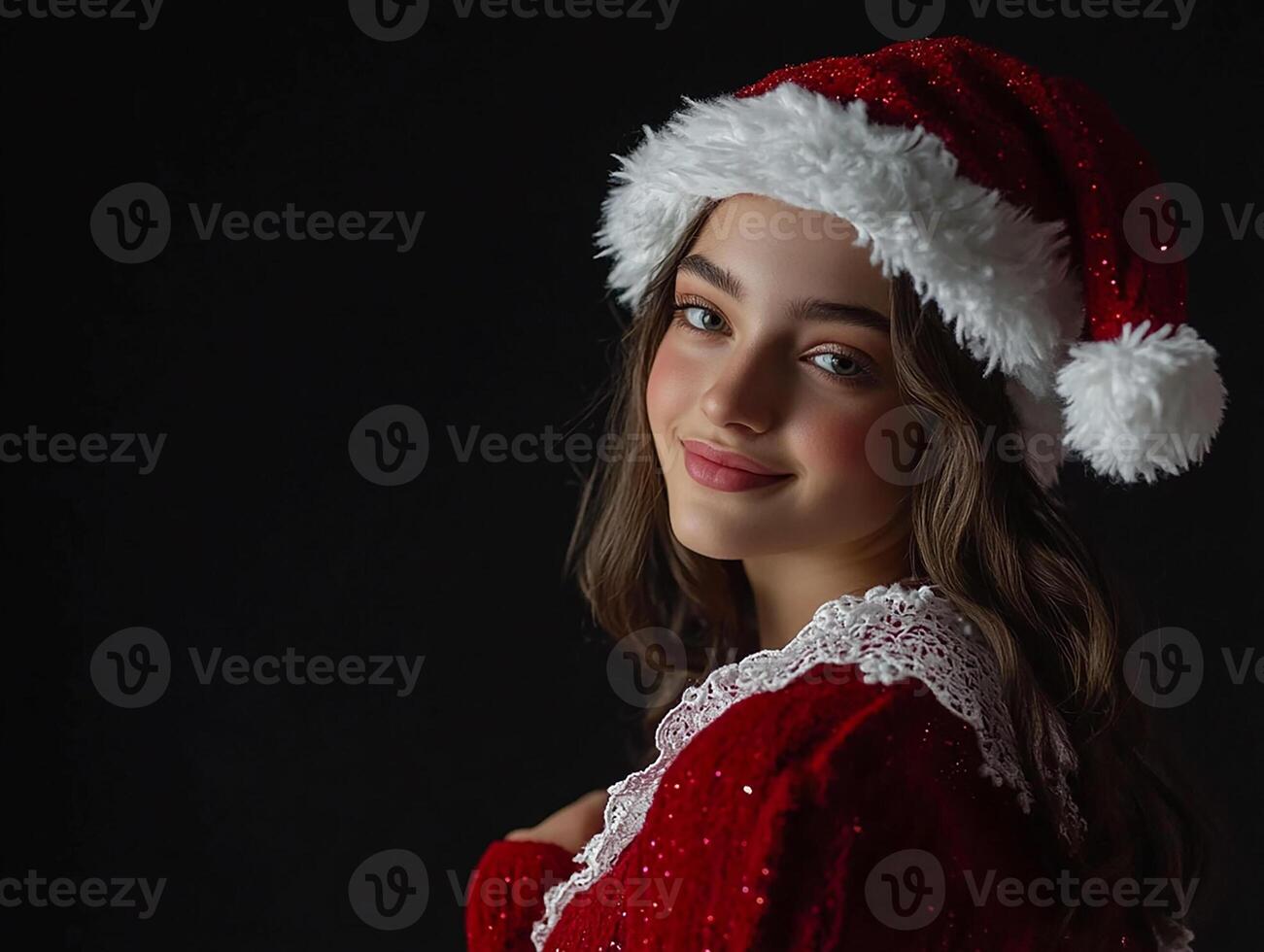 A young woman wearing a santa hat and red dress photo