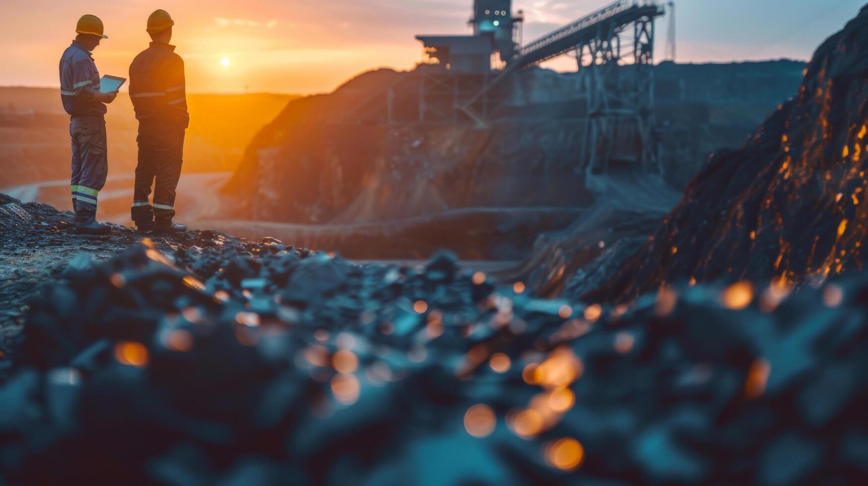 Two engineers in hard hats at a surface coal mine at sunset. photo
