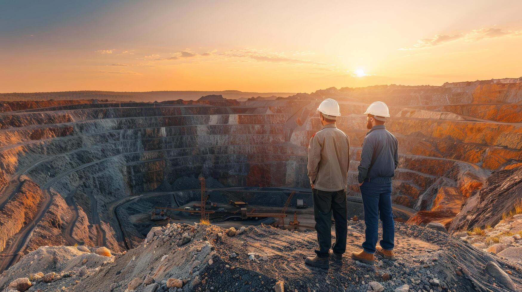 Two engineers in hard hats standing on edge of open pit mine at sunset photo
