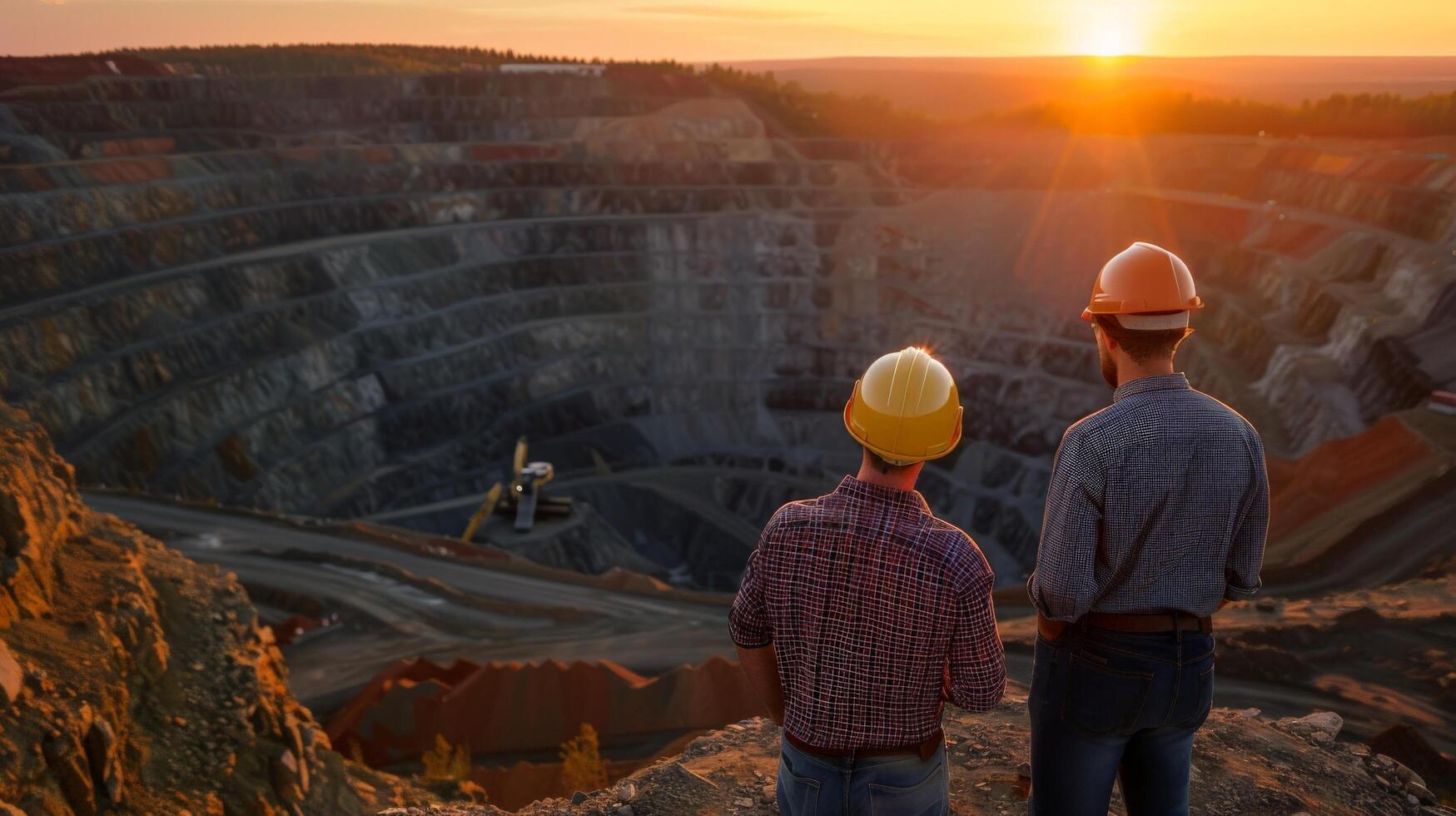 Two engineers in hard hats looking at a large open-pit mine photo