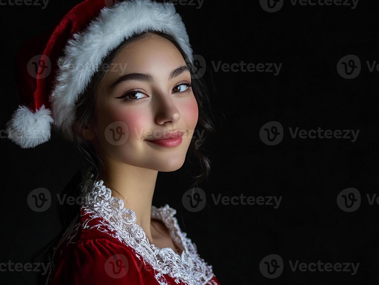 Beautiful young woman in santa claus hat photo