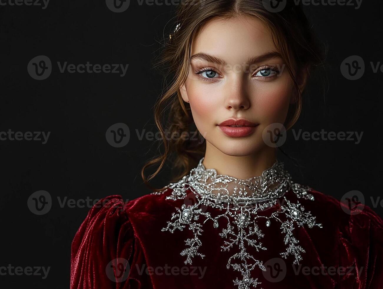 A woman in a red velvet dress with a necklace photo