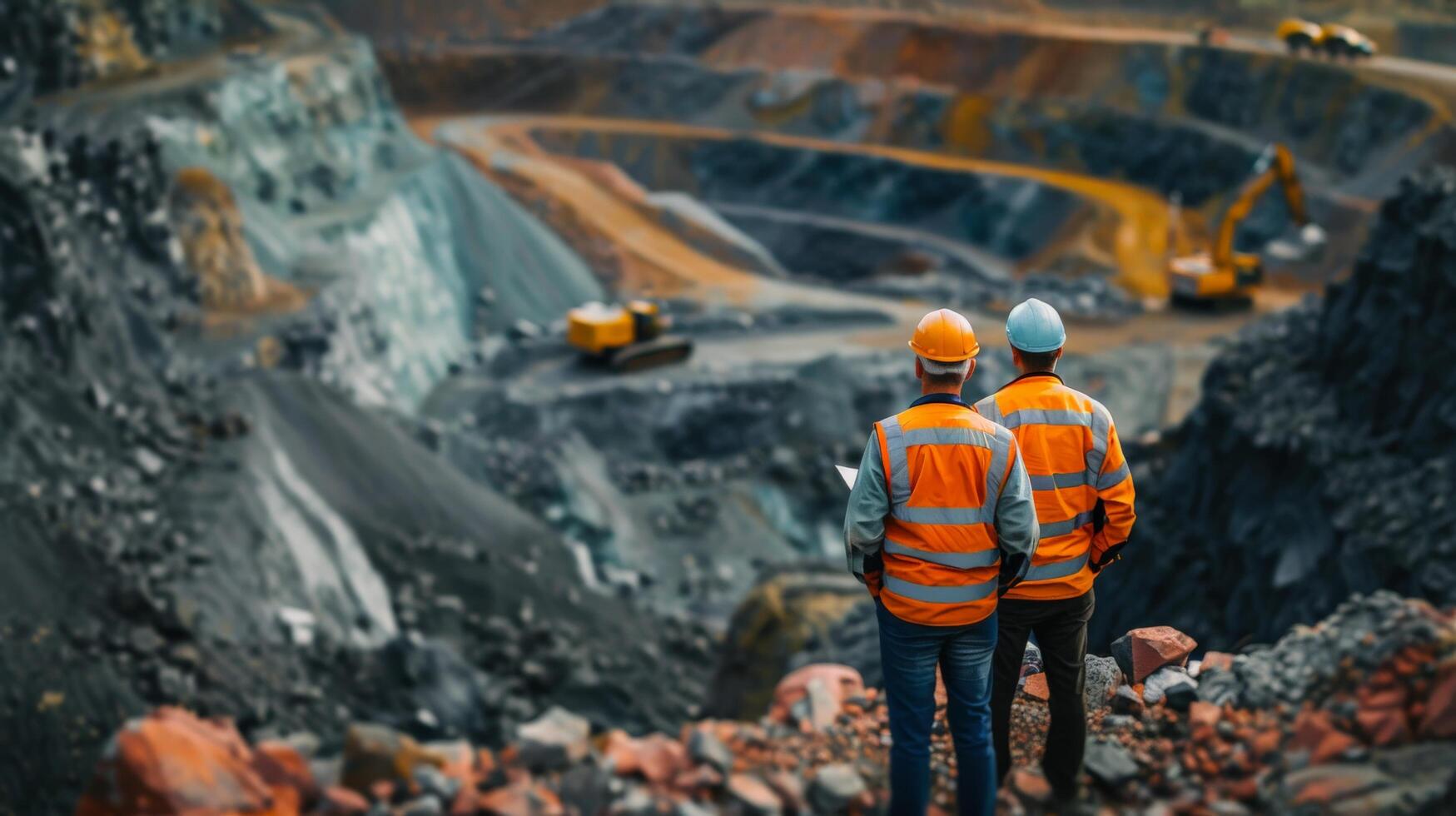Two mining engineers in hard hats and safety vests are examining a large open-pit mine. photo