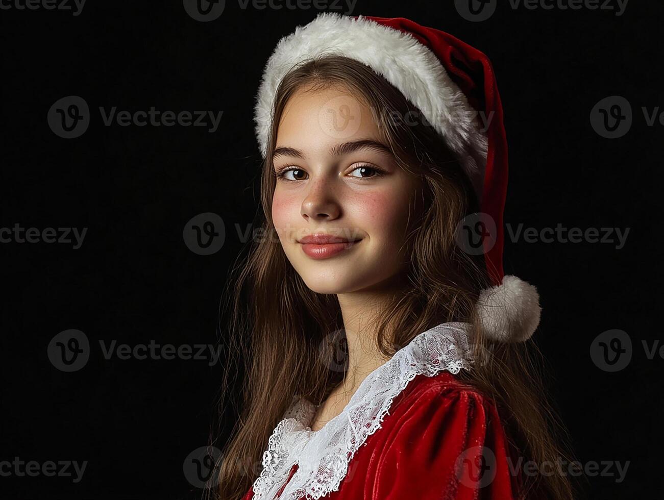 A young girl in a santa suit posing for a photo