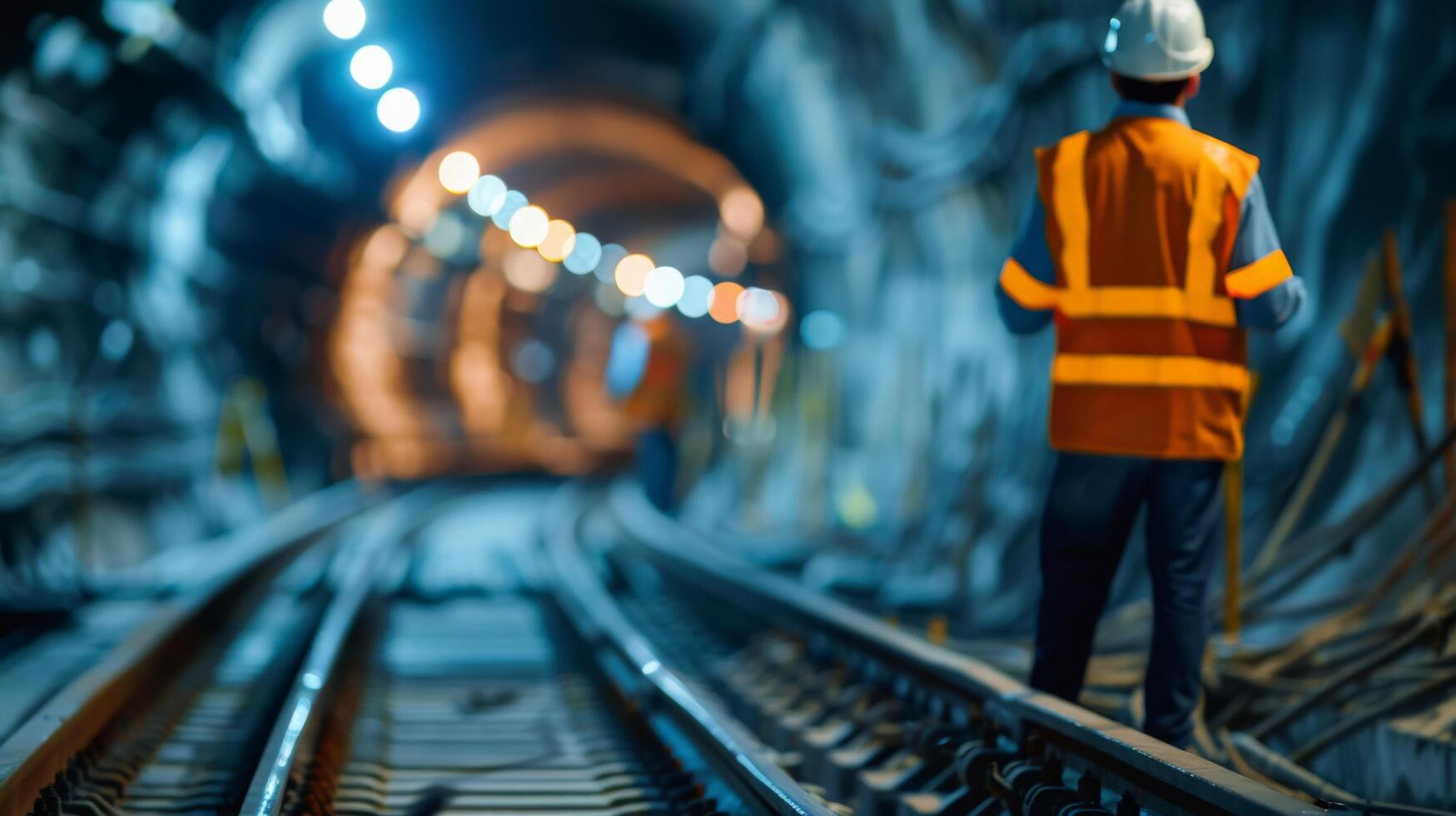 worker wearing orange vest and hard hat walking in dark tunnel photo