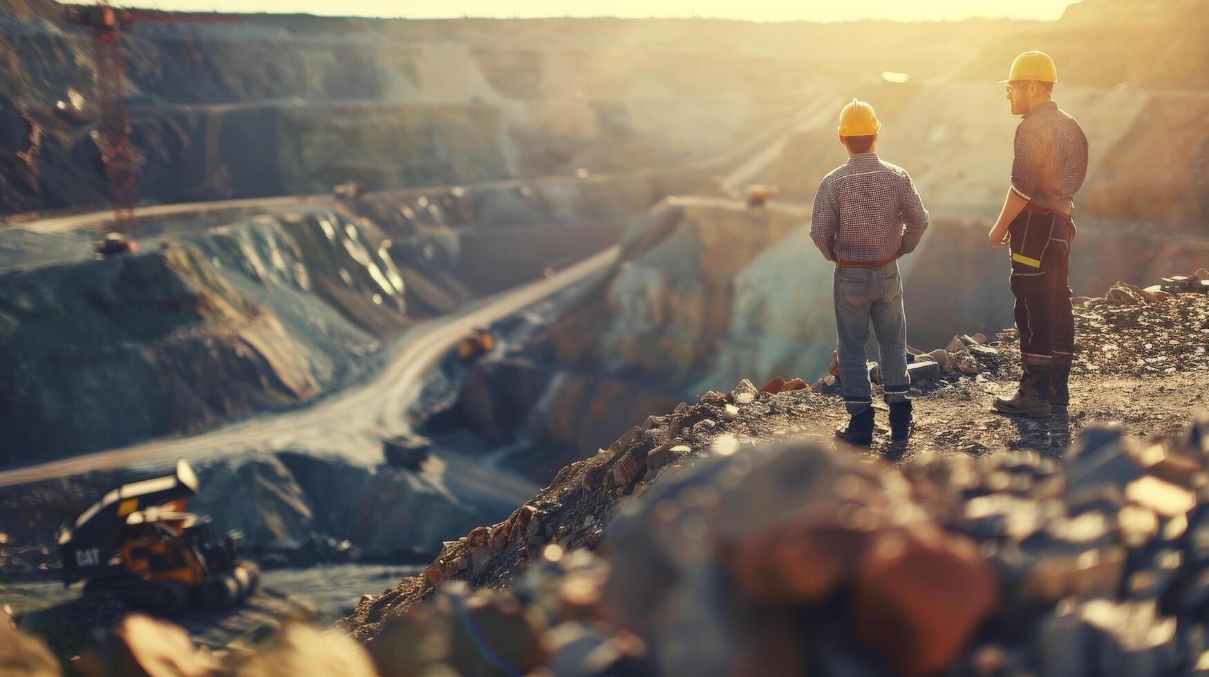 Two engineers in hard hats at the open pit mine photo