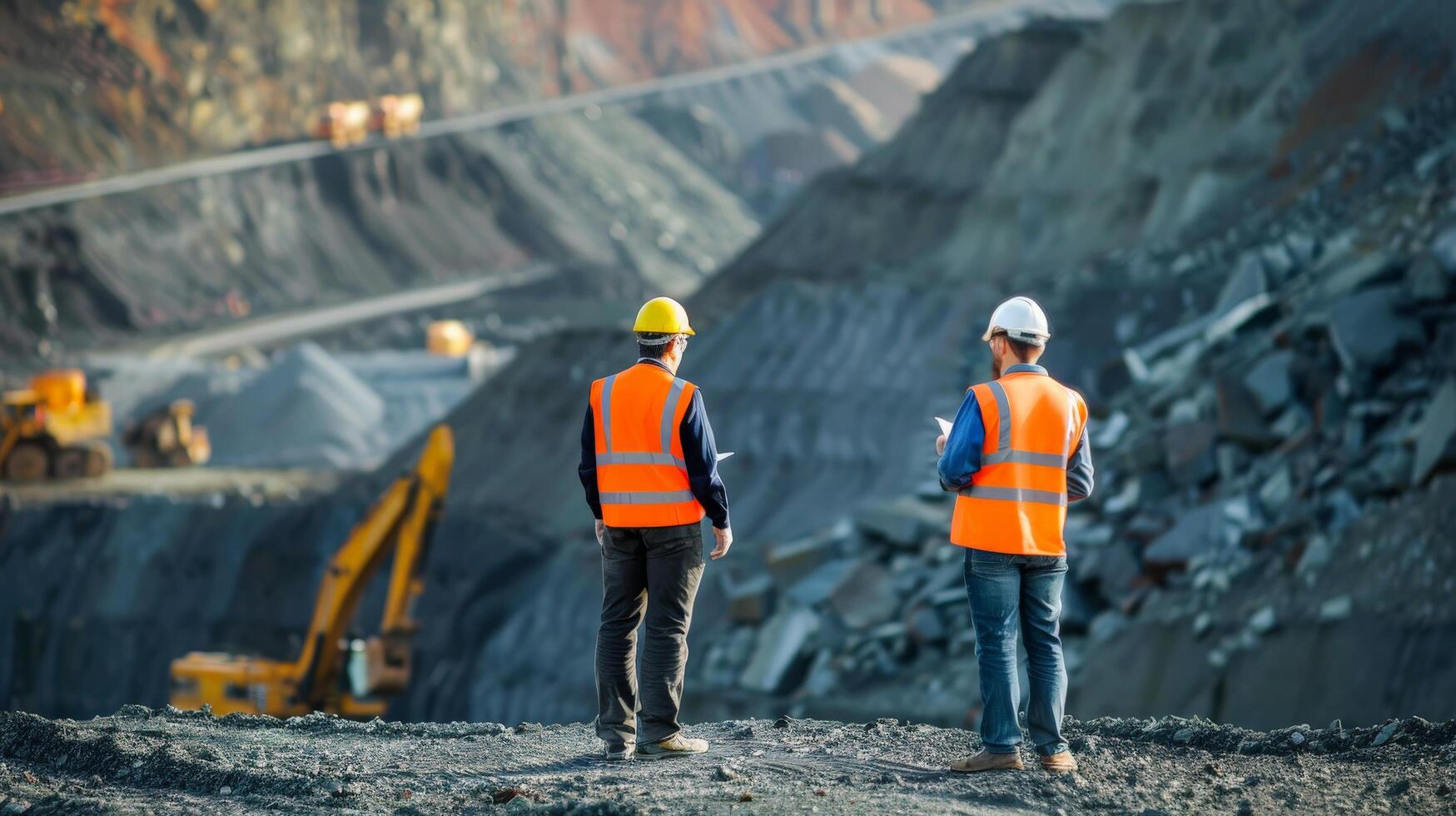 Two mining engineers in hard hats and safety vests are inspecting an open-pit mine. photo