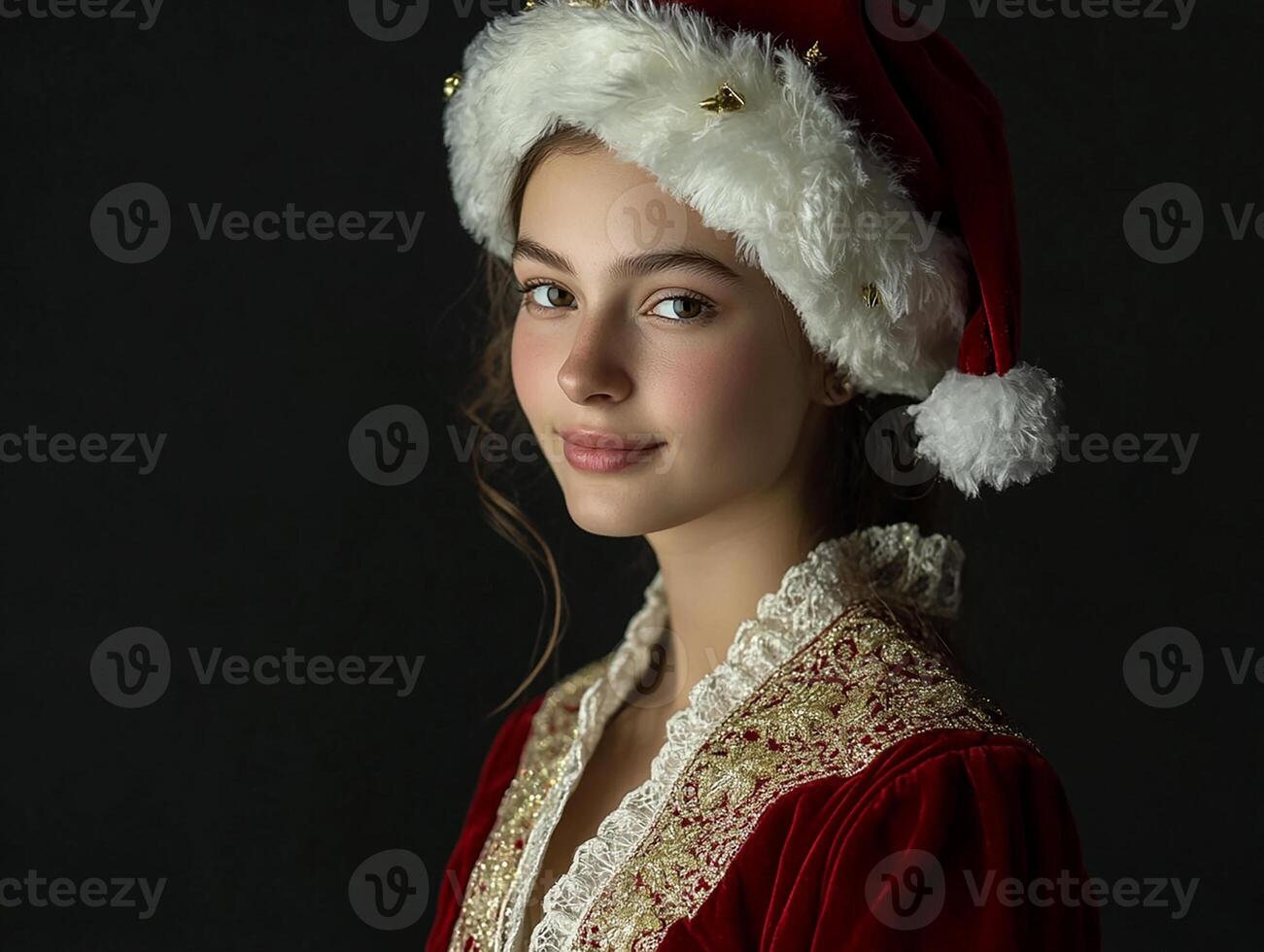 A young woman wearing a santa hat and a red dress photo