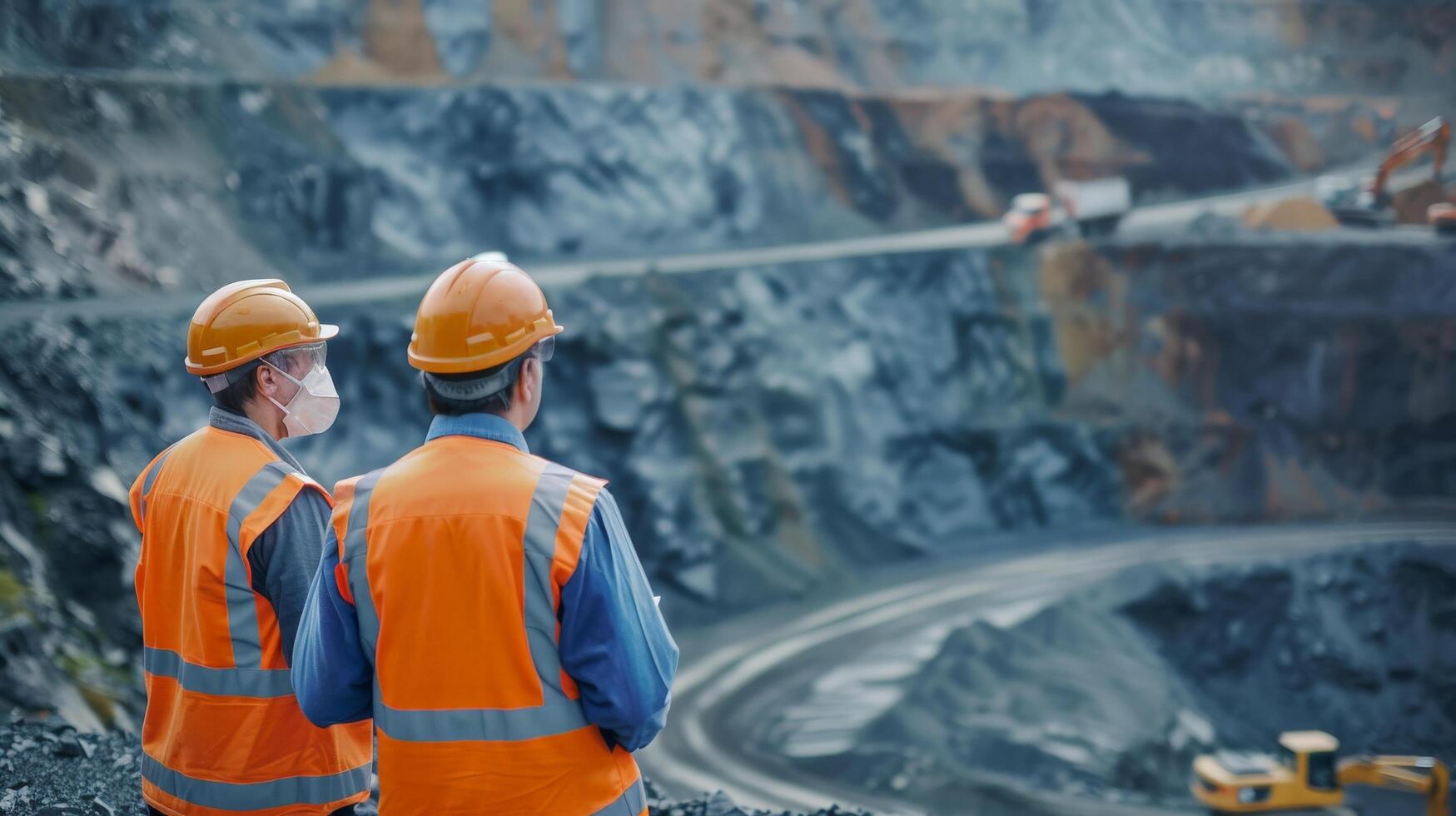Two engineers in hard hats and safety vests are inspecting aLu Tian Kuang . photo