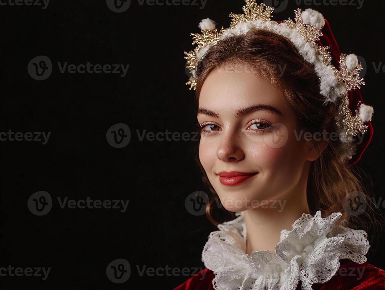 A woman in a red dress and white tiaras photo