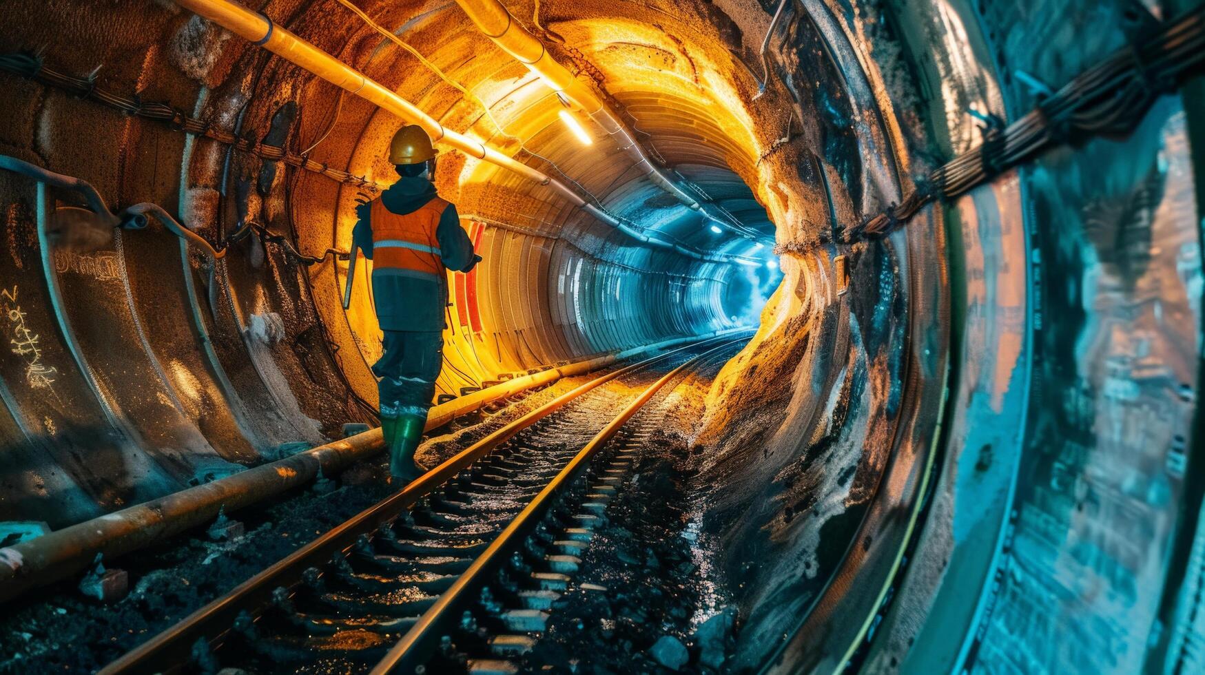 The photo shows a long, dark tunnel with a bright light at the end. A person in a hard hat and safety vest is walking towards the light.