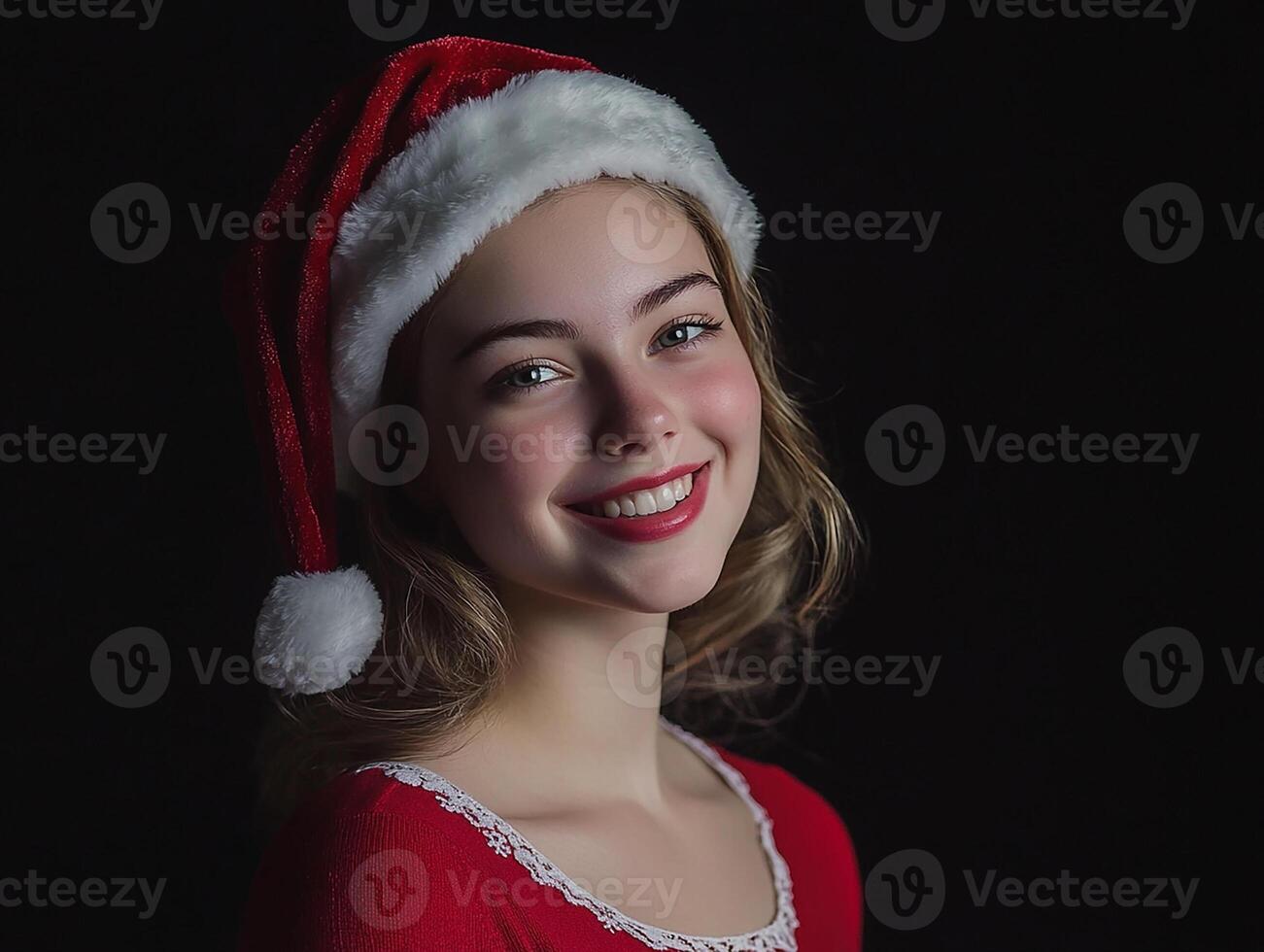 A young woman wearing a santa hat and smiling photo