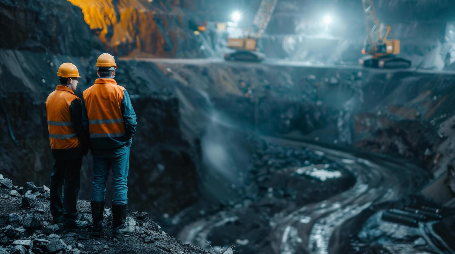 Two miners in hard hats and protective workwear inspecting a mine photo