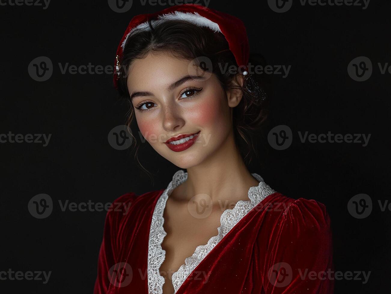 A beautiful young woman in a red velvet dress photo