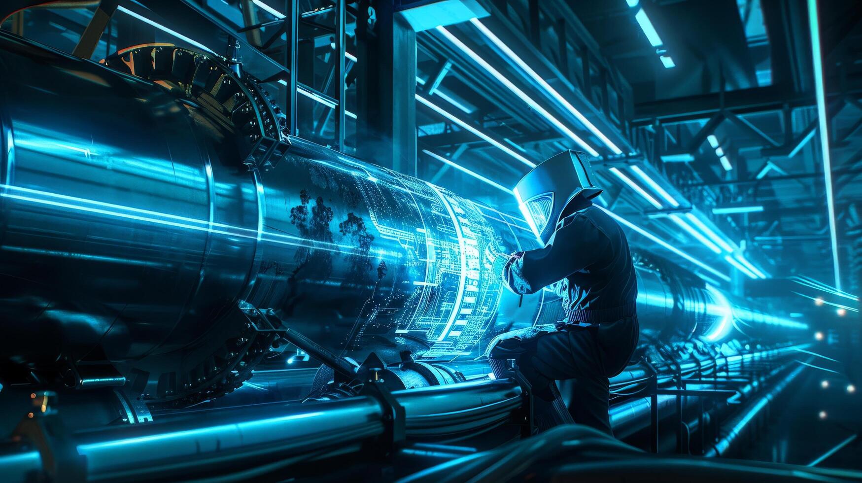 The photo shows a man working on a futuristic engine.