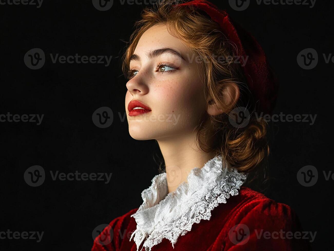 A woman in a red dress and a red hat photo