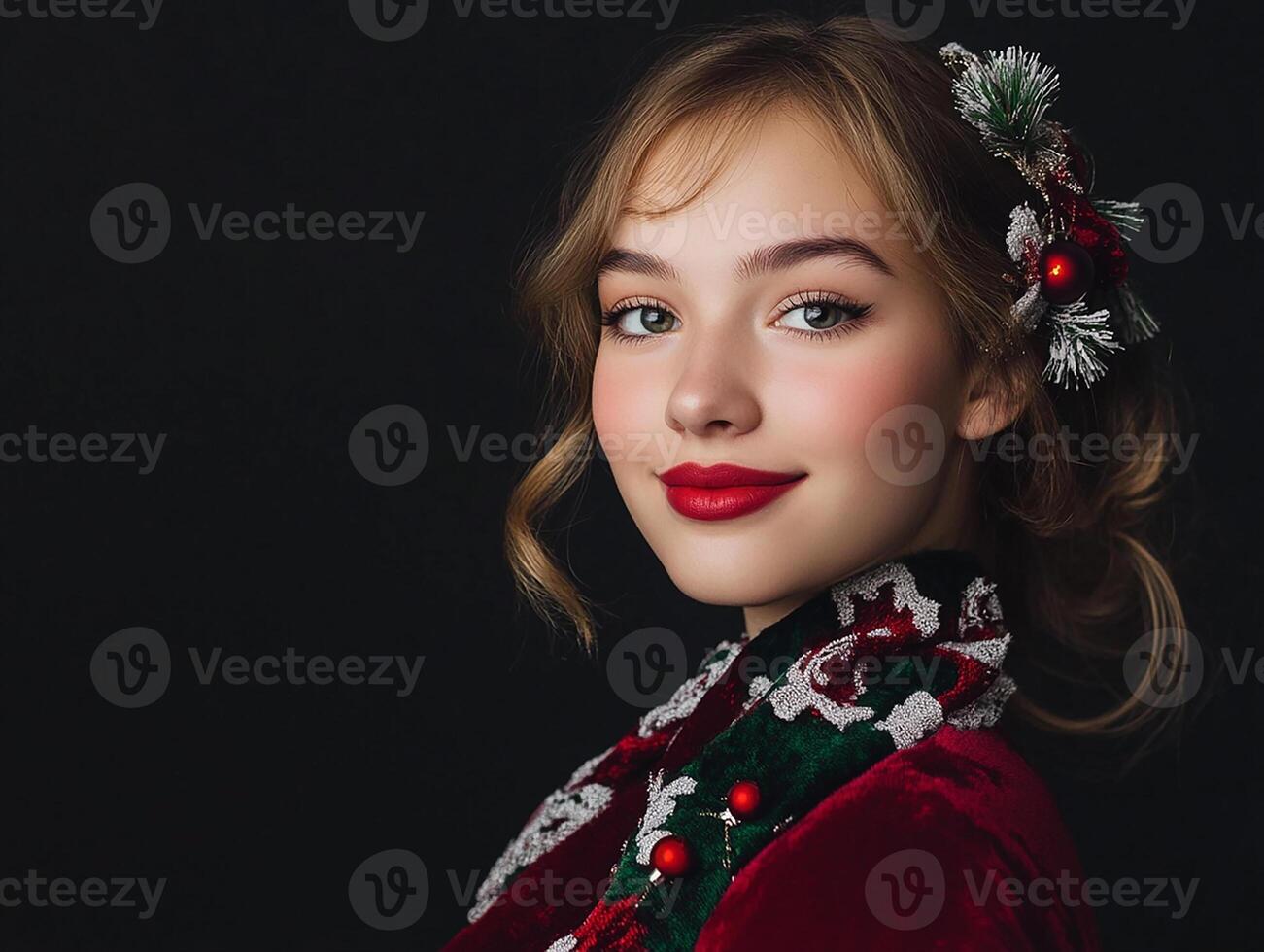 Beautiful young woman in red dress and christmas decorations photo