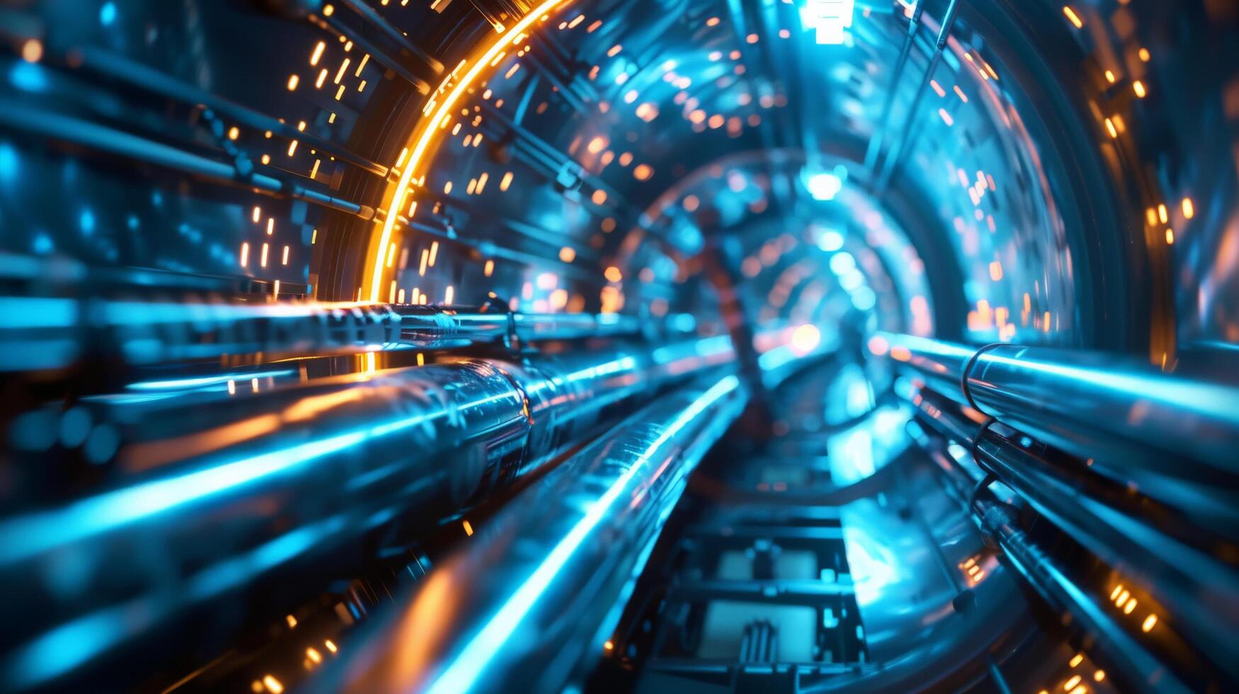 Abstract image of a glowing blue tunnel with a bright light at the end. photo