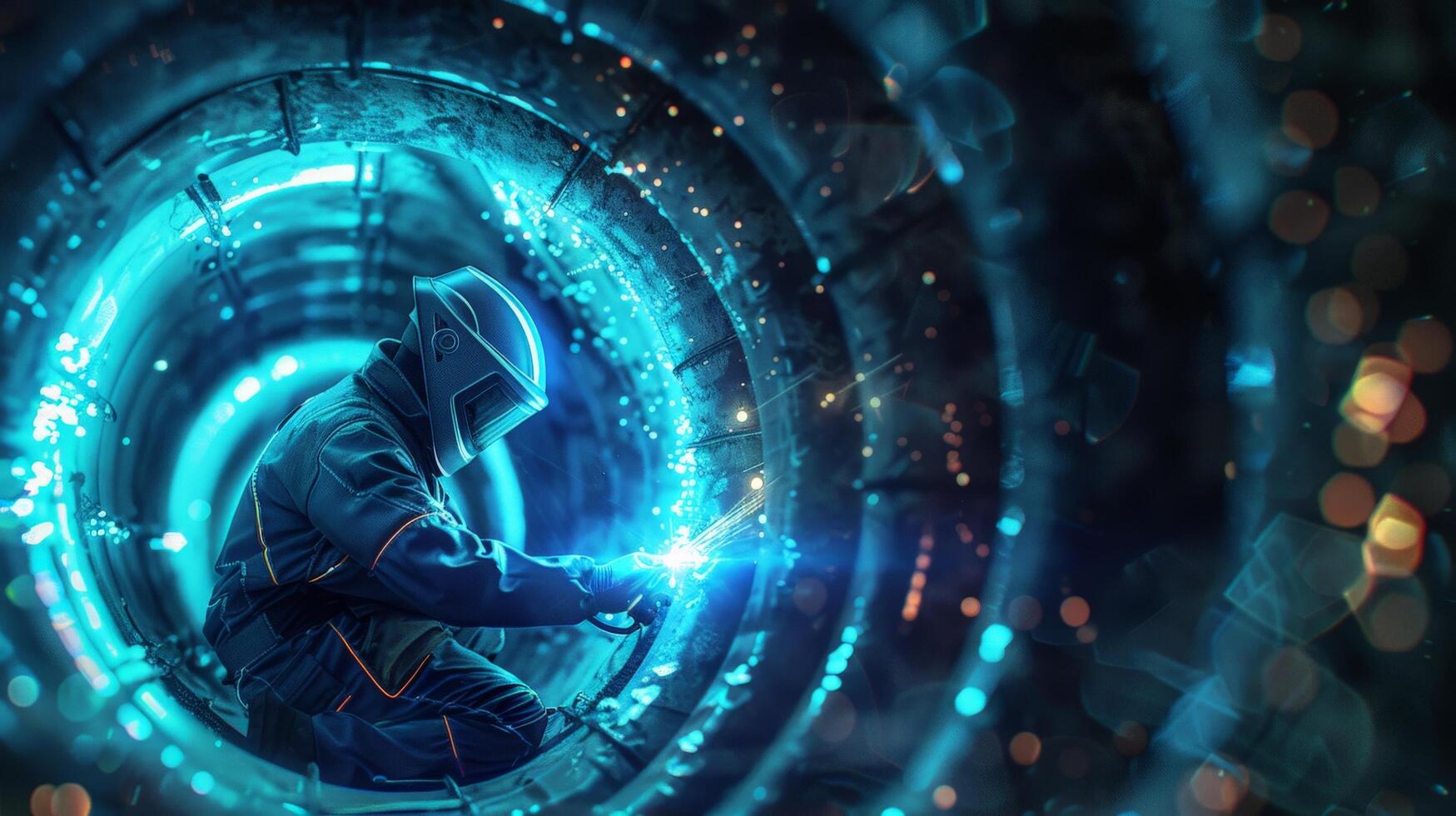Blue and green neon glowing futuristic technology tunnel. photo