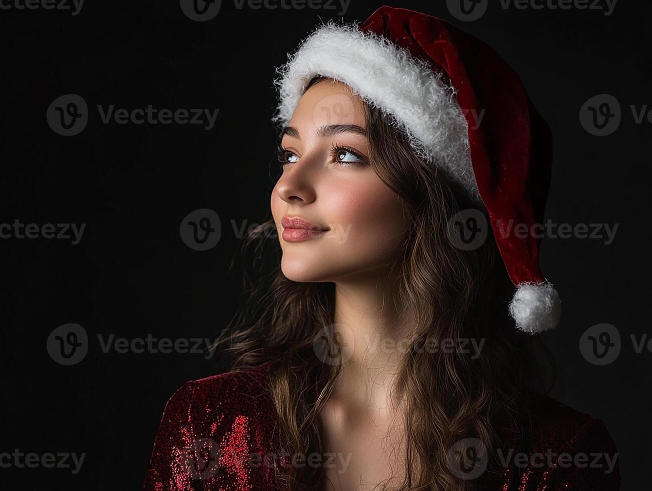 A beautiful young woman wearing a santa hat photo