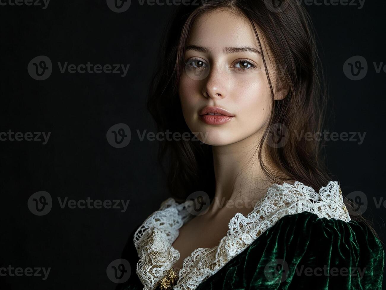 A young woman in a green dress and lace photo