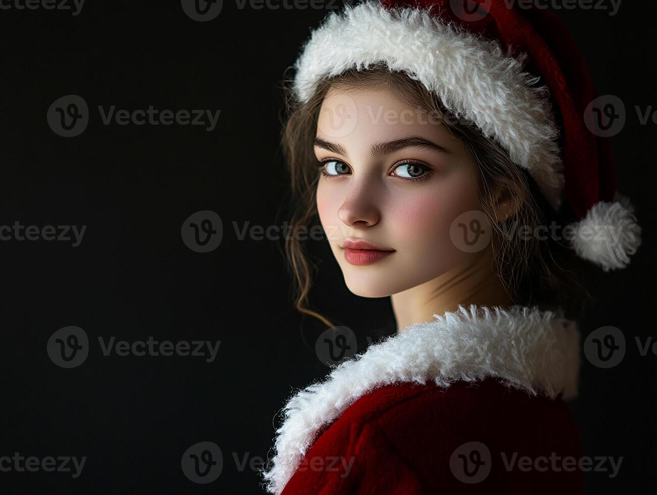 Beautiful young woman in santa hat on black background photo