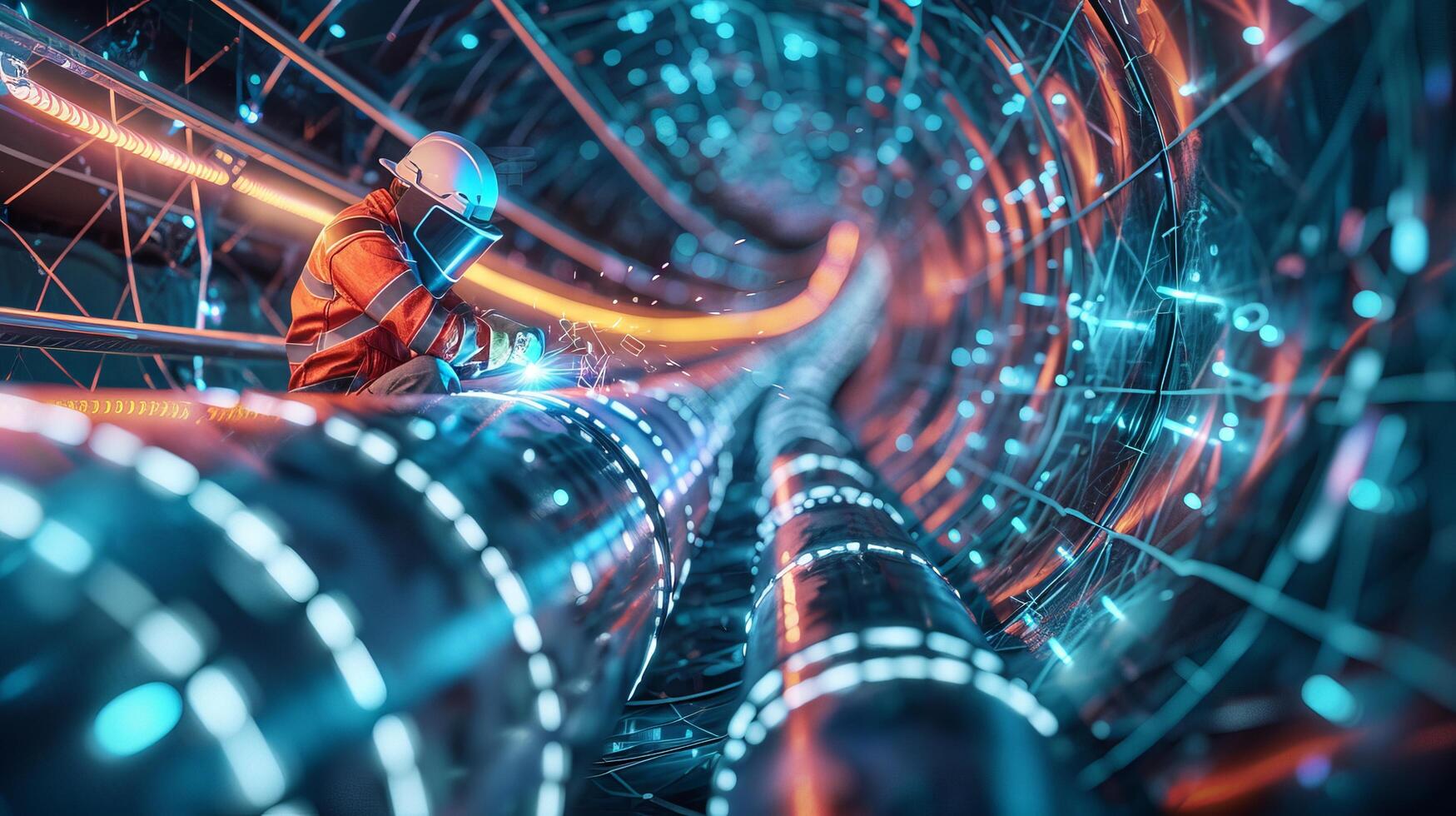 Astronaut working on spaceship engine in the outer space. photo