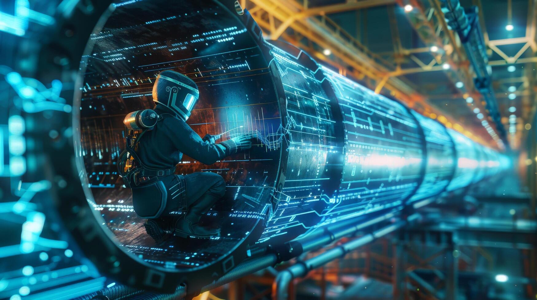 The image shows a glowing blue and green particle accelerator. photo