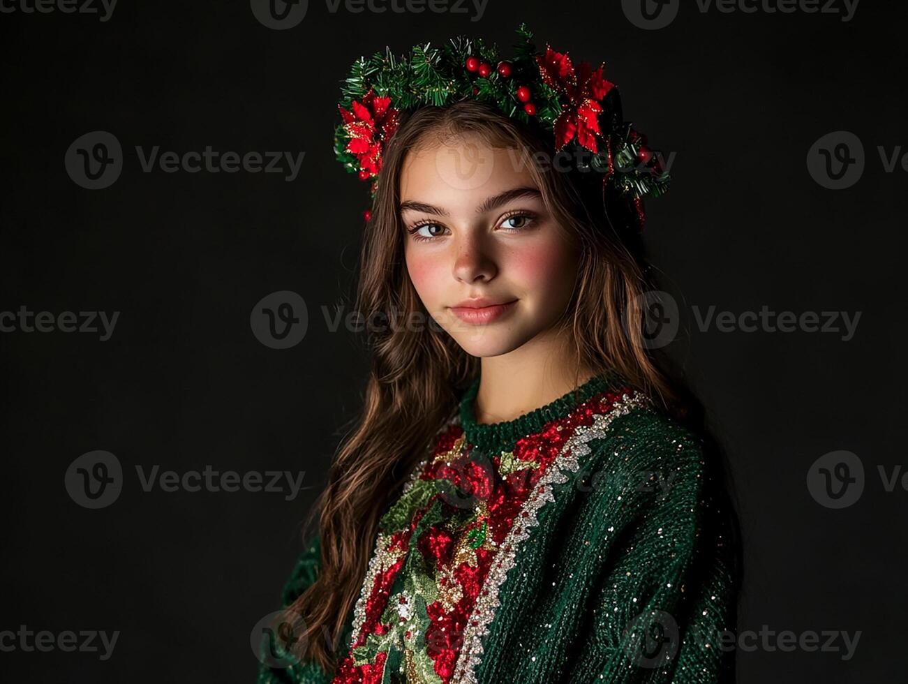 A girl wearing a christmas sweater and a wreath photo