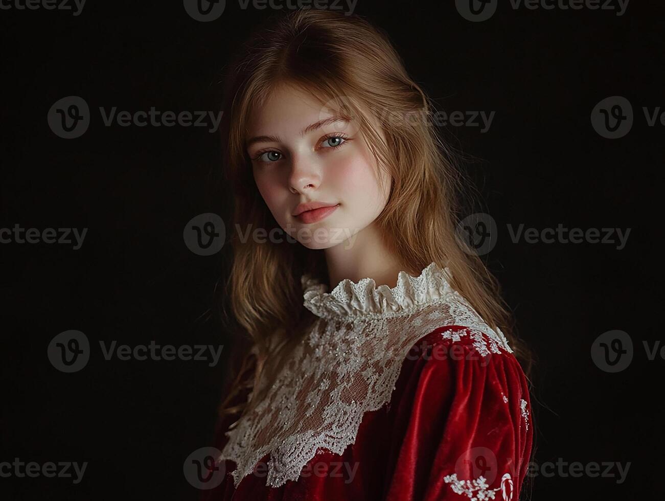 A young woman in a red dress and white lace photo