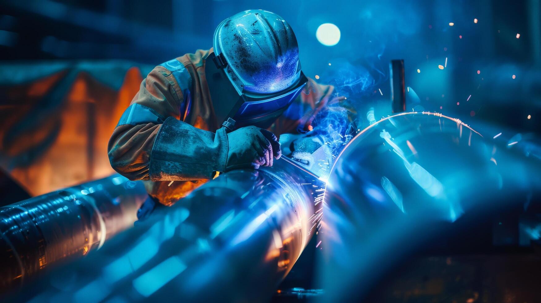 welder in protective clothing and helmet is welding a metal pipe with sparks photo