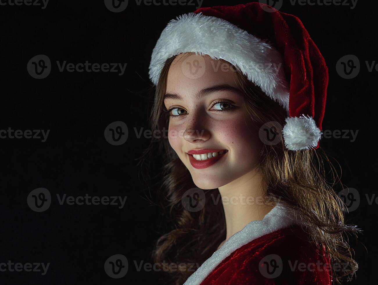 A beautiful young woman wearing a santa hat photo