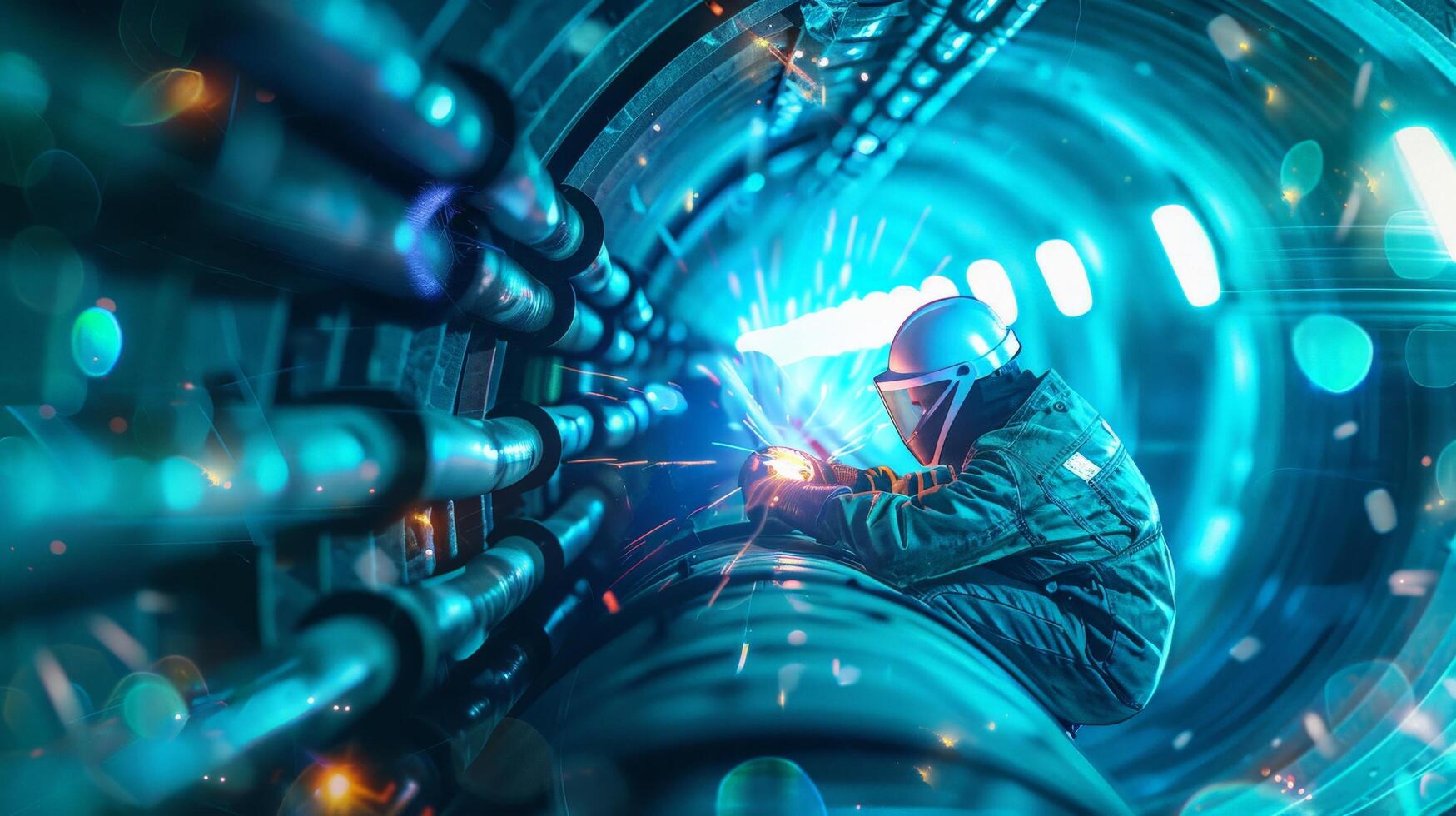 The photo shows a welder working on a large metal pipe