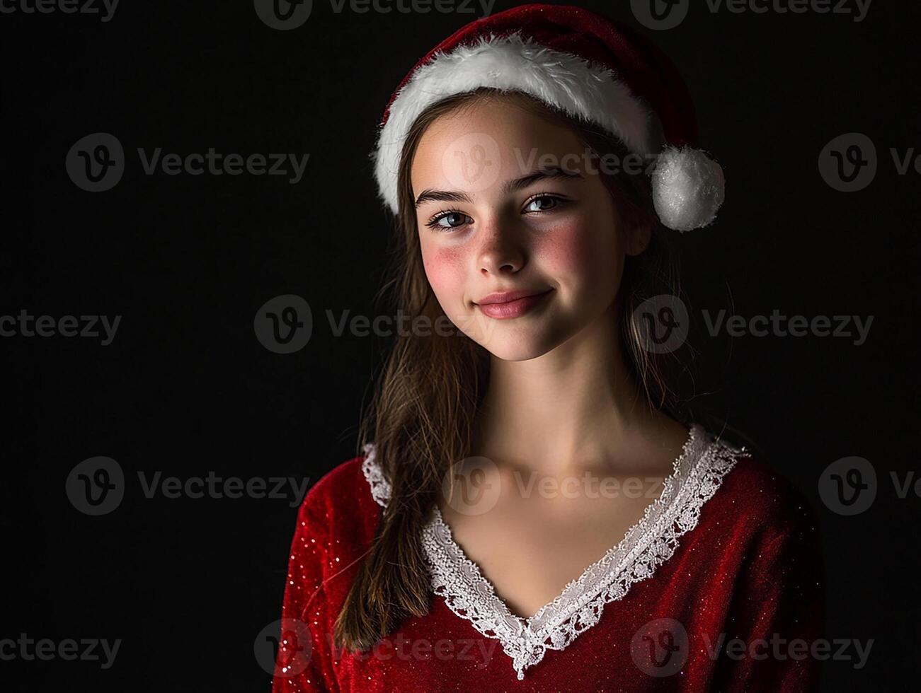 A young girl wearing a santa hat and red sweater photo
