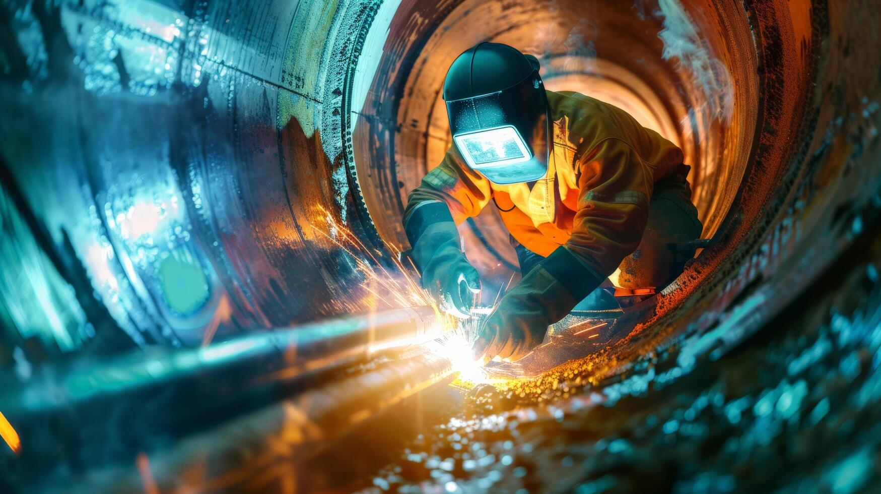 welder at work welding metal pipe with bright sparks photo