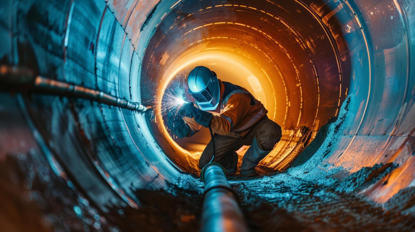 The photo shows a worker welding a pipe in a confined space.