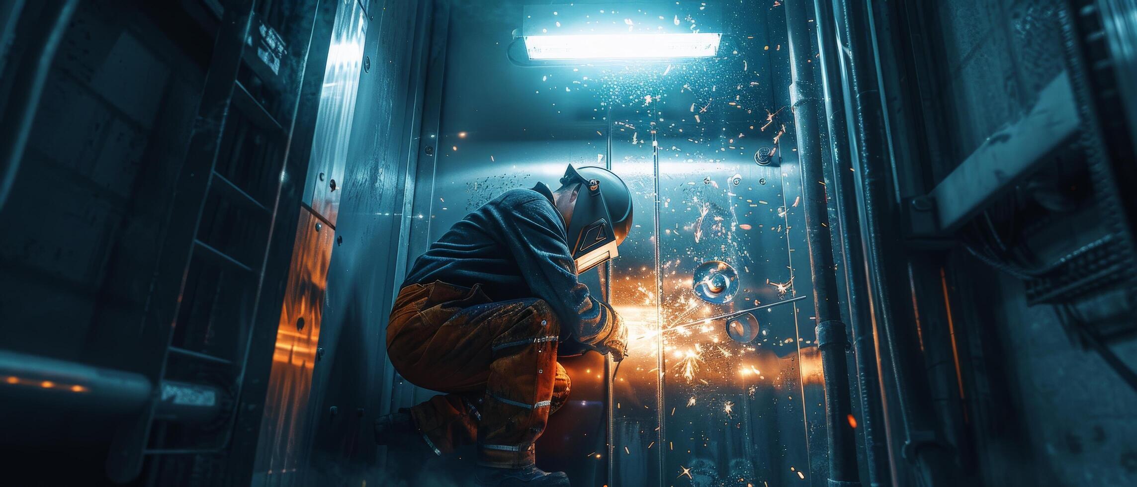 A welder works on a project in a factory. photo