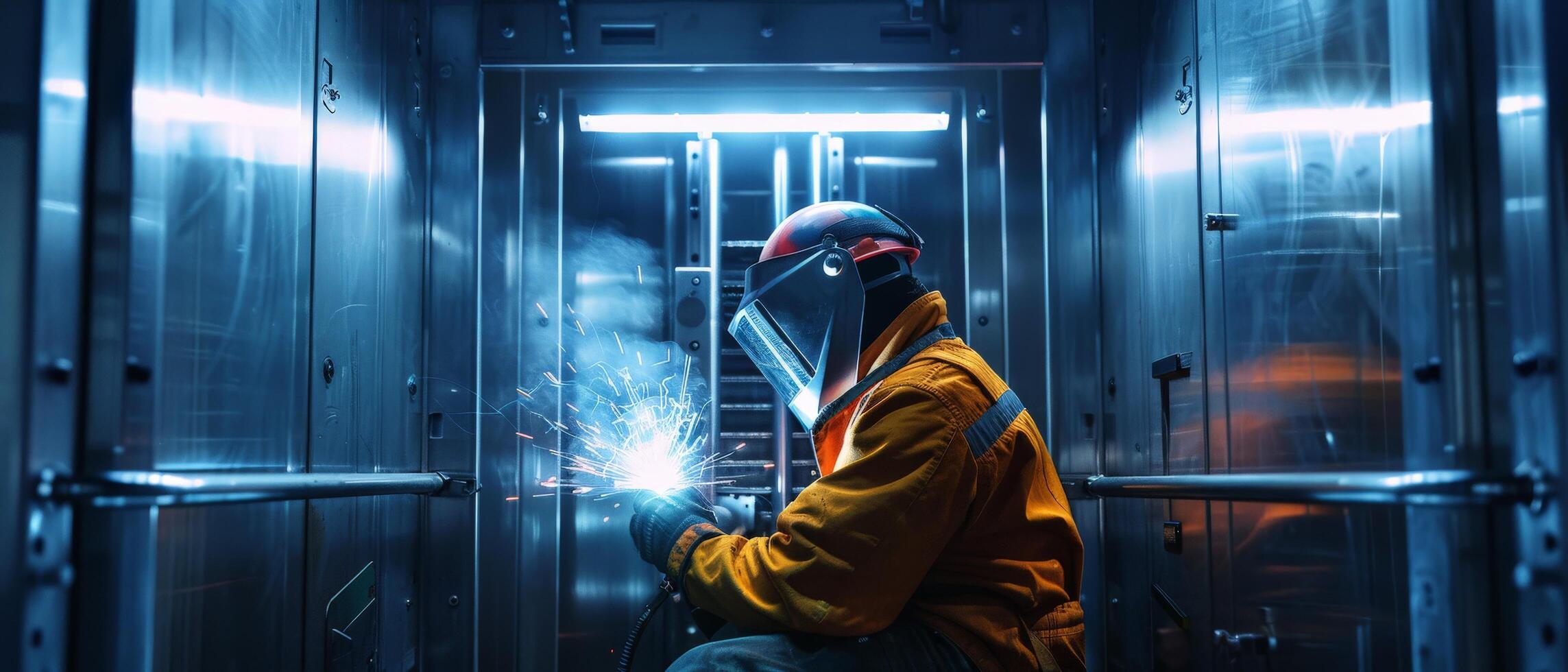 A welder works on a project in a factory. photo