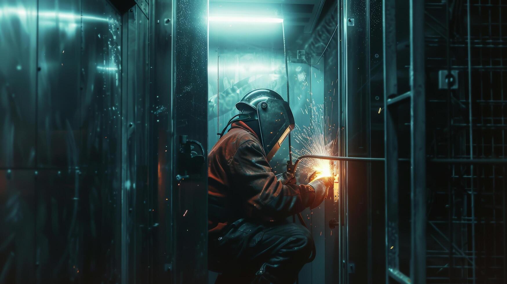 A welder works on a project in a dark room. photo