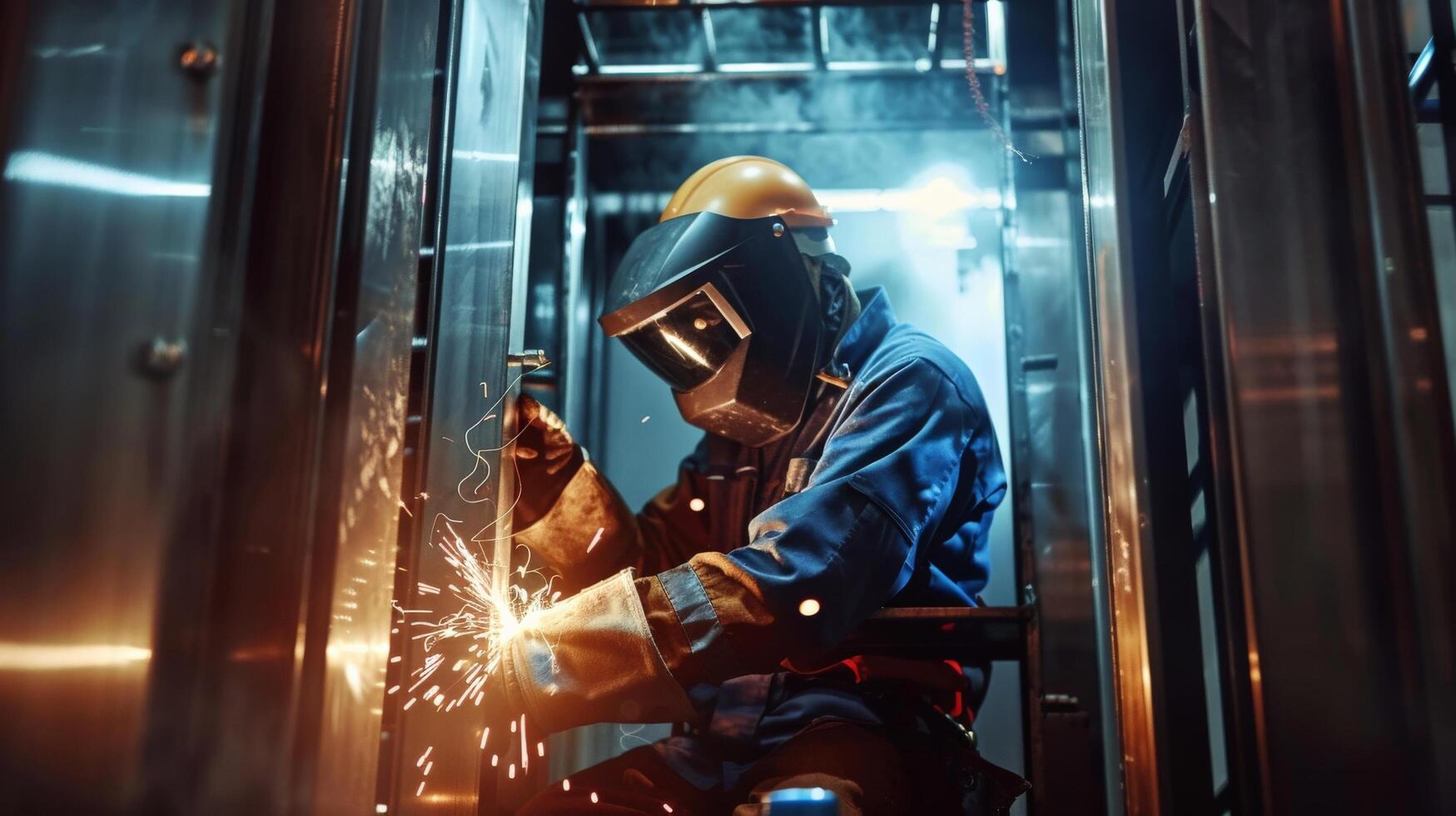 welder in protective clothing and mask welding metal in industrial workshop photo