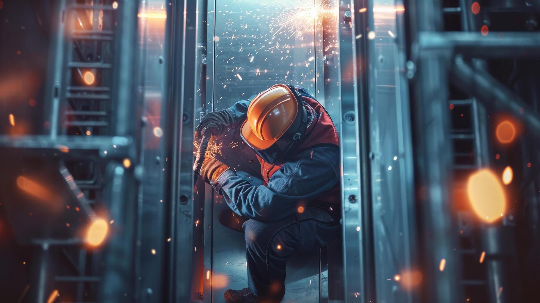 The image shows a man crouching in a dark room photo