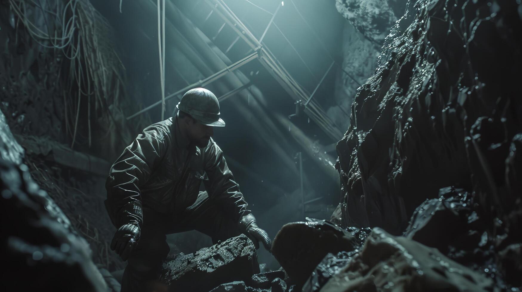 A miner is working in a dark mine. photo