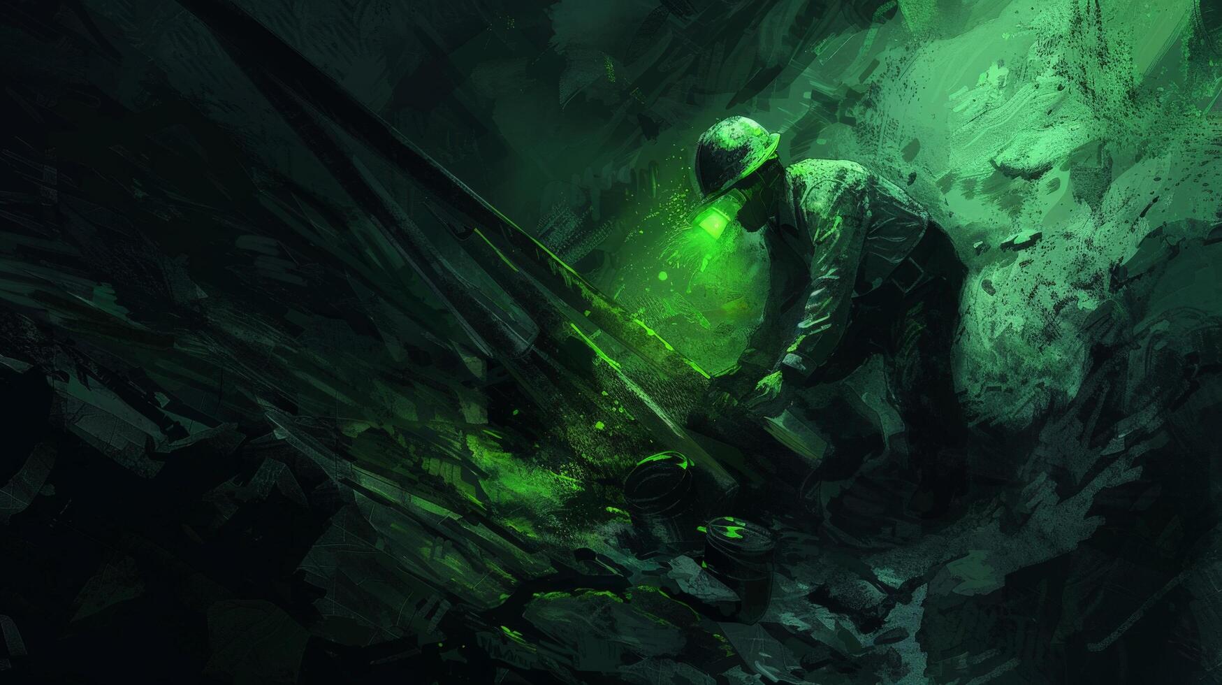 A miner working in a dark mine. He is wearing a hard hat and a headlamp. He is using a pickaxe to break up rocks. The mine is lit by the green light of his headlamp. photo