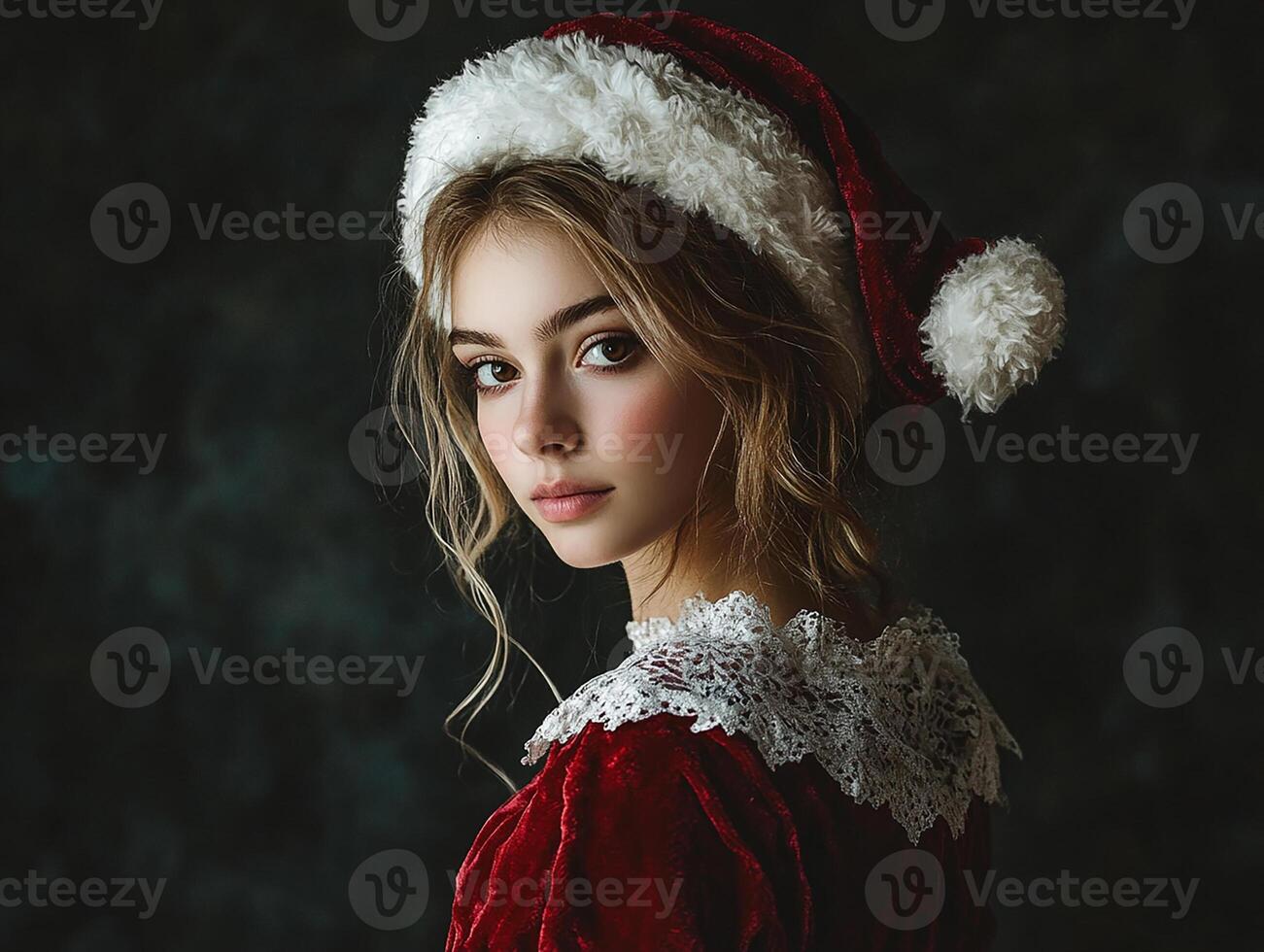 A beautiful young woman in a santa hat photo