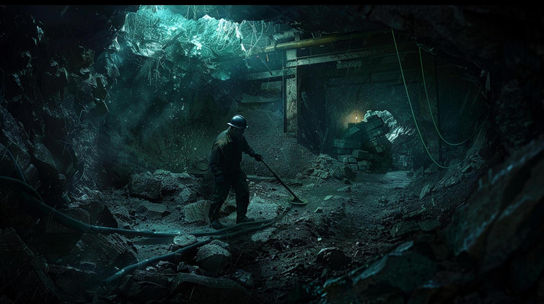 A lone miner in a dark cave with a lantern and a pickaxe. photo